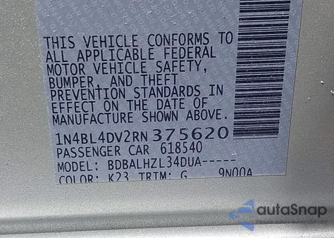 2024 Nissan Altima Sv z USA, uszkodzony, nr VIN 1N4BL4DV2RN375620